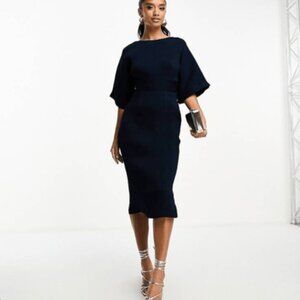 Closet London Navy Blue Ribbed Pencil Dress Size 10 Women's